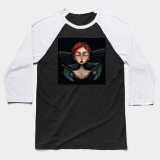 Red Head Gothic Faerie Queen Black Butterfly Wings Dreaming Lowbrow Fairy tale Art Portrait Baseball T-Shirt